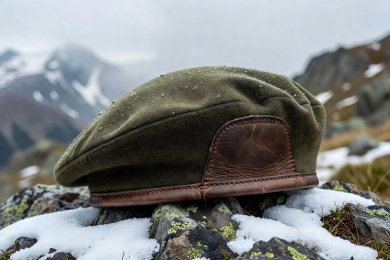Alpine Recon hydrophobic olive green wool beret with reinforced bison leather rim trim